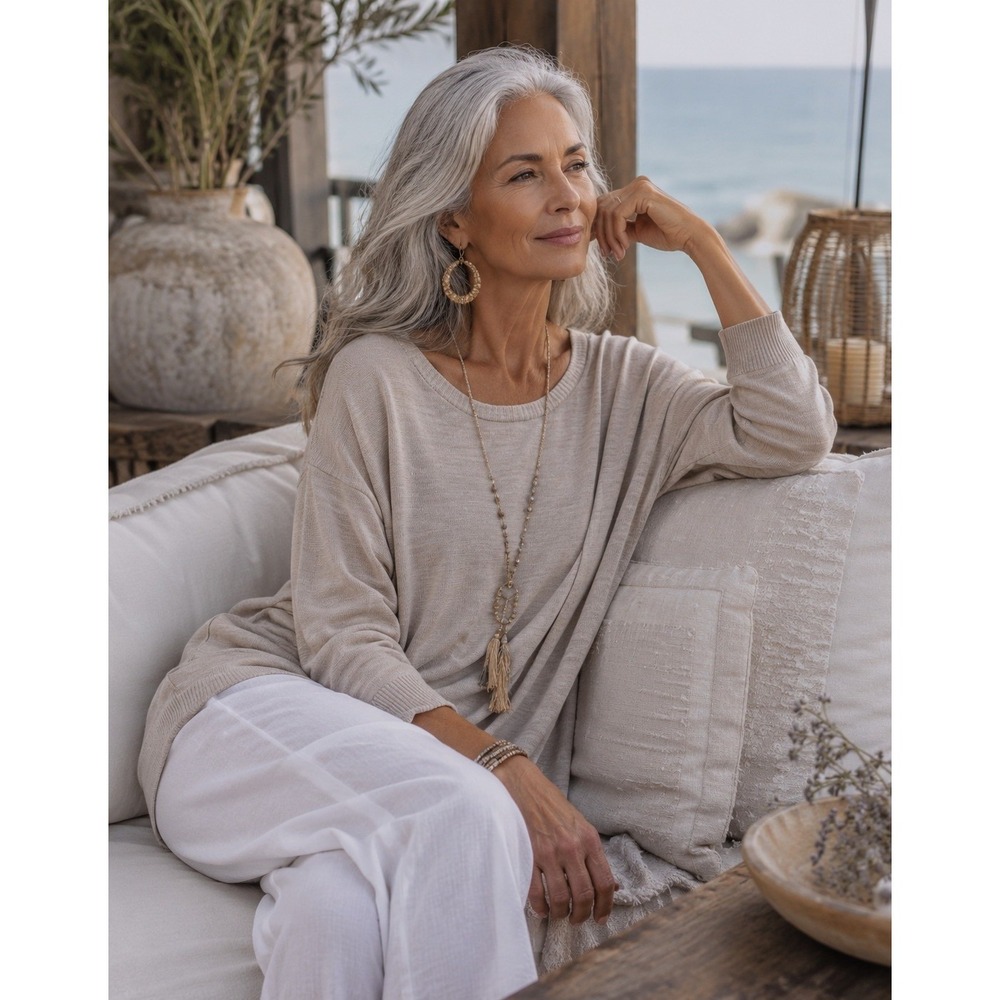 Eileen Fisher Small Tunic Sweater Beige Italian Merino Wool High-Low Hem #1086